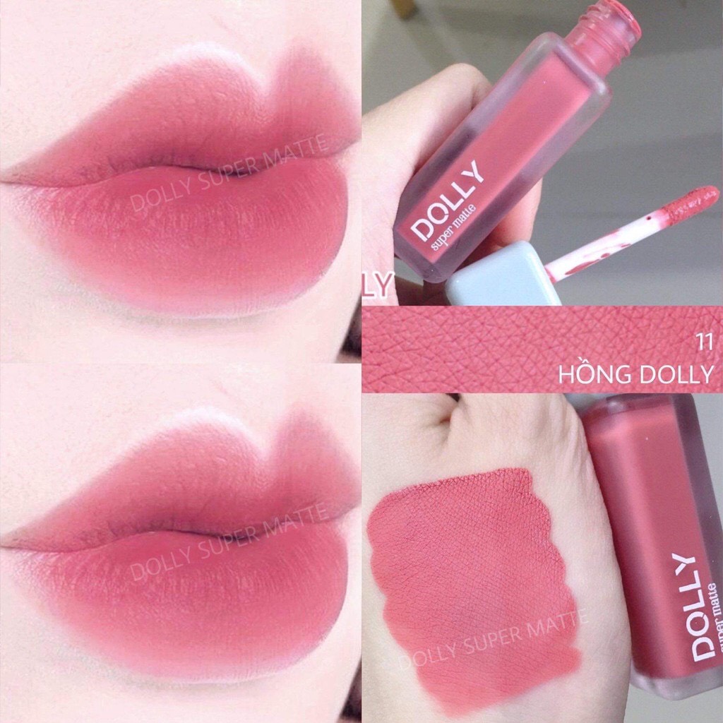 Son kem lì màu hồng Dolly Dolly super matte, son kem lì không chì bền màu lâu trôi