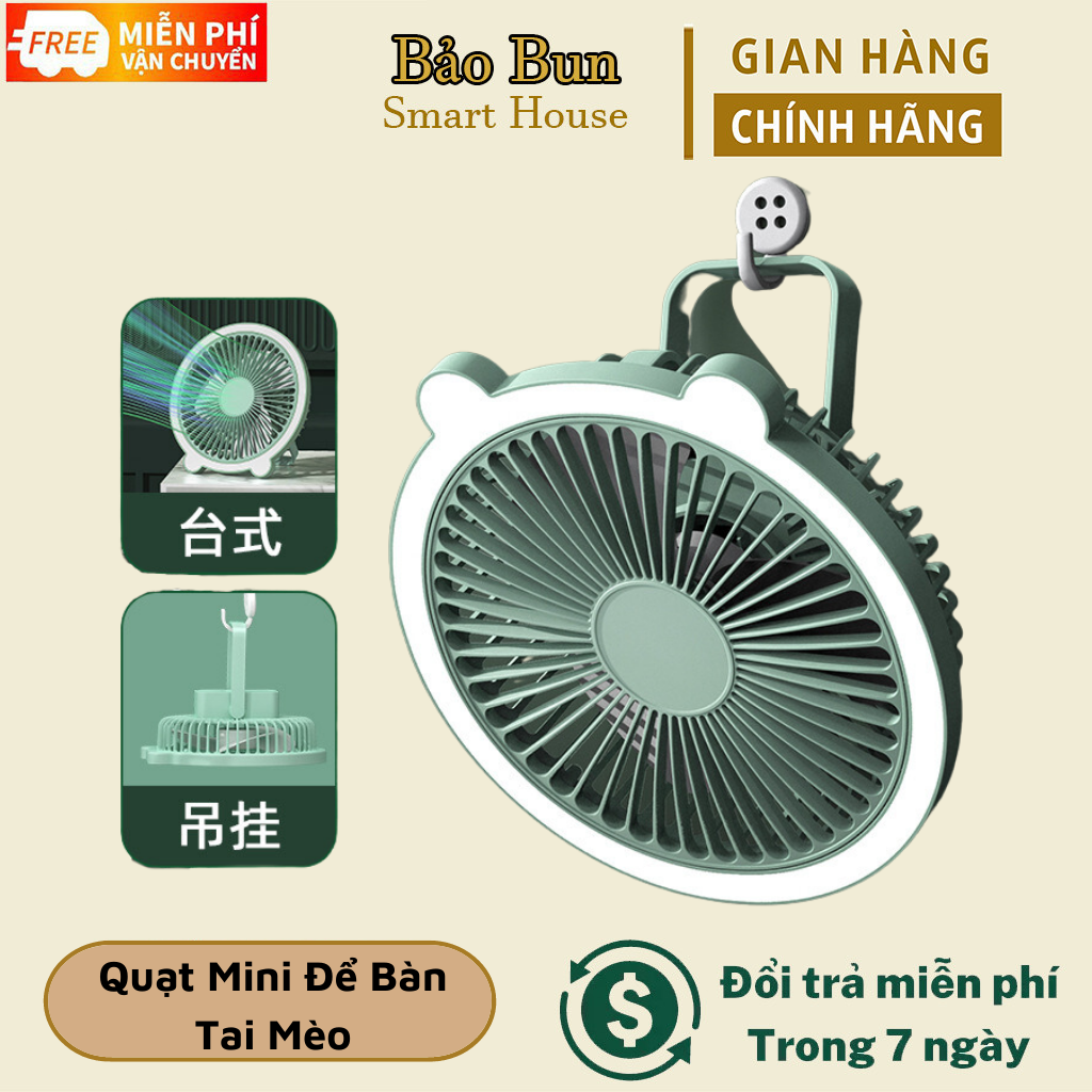 Quạt mini để bàn tai mèo có đèn chiếu sáng, điều chỉnh 3 tốc độ gió,có thể sạc lại cổng sạc usb