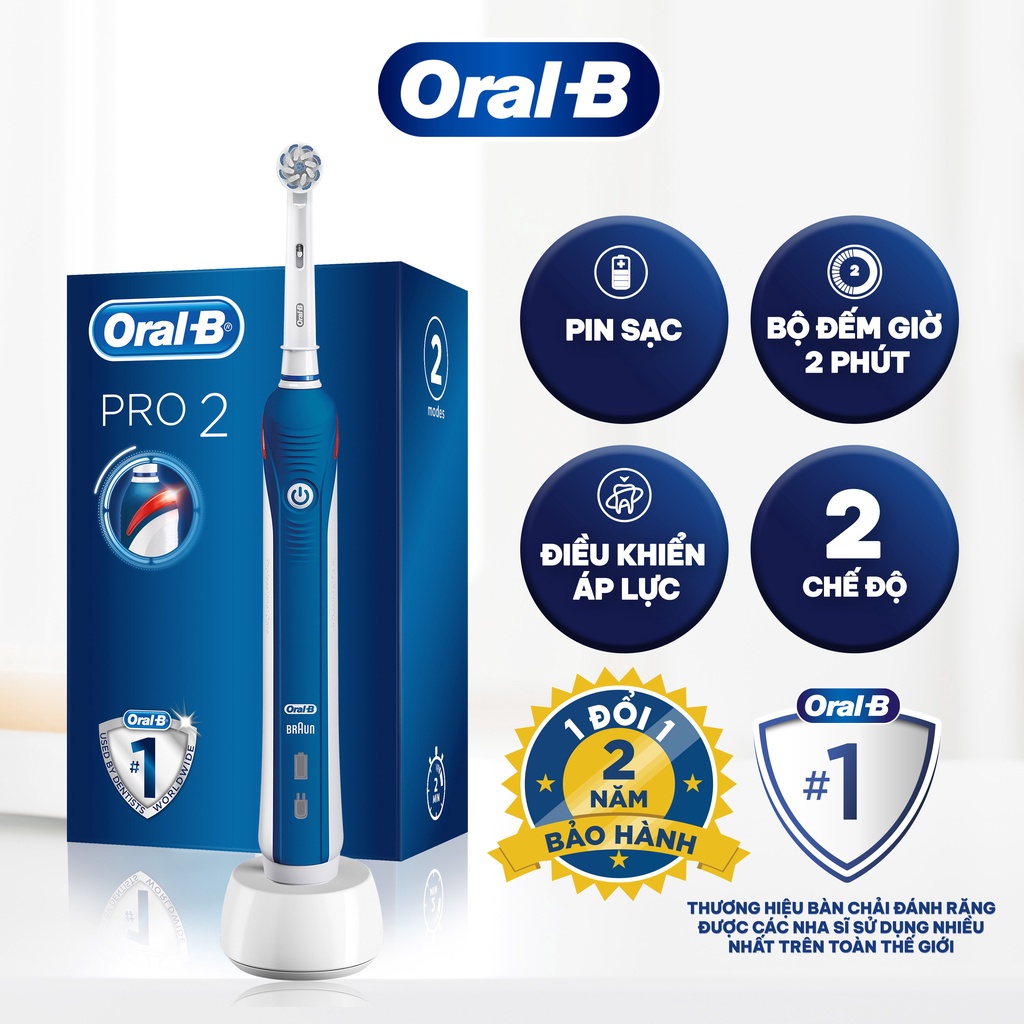 Bàn chải điện OralB Pro 2 2000 D501.513 2 chế độ đánh răng Cảm biến áp lực. bảo hành 24 tháng 1 đổi 1