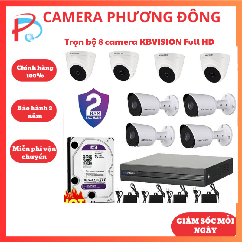 Trọn bộ 8 camera kbvision full hd 1080p kèm hdd 1tb - đầy đủ phụ kiện, tùy chọn cam thân hoặc dom - hàng chính hãng