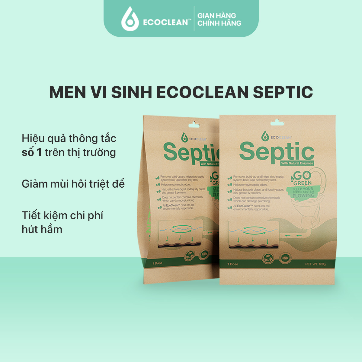 Vi Sinh Xử Lý Hầm Cầu Bể Phốt - Combo 3, Combo 5 Gói EcoClean Septic - Gói 100gr