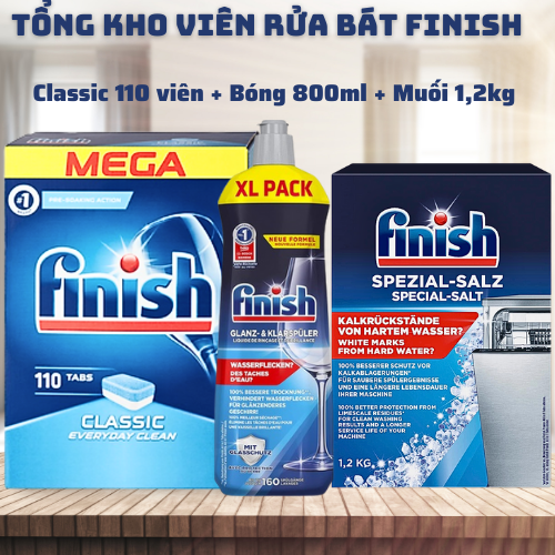 Combo 110 viên Finish Classic + Muối làm mềm nước Finish1.2kg + Nước làm bóng Finish 800ml chuyên dùng cho máy rửa bát- nhập khẩu chính hãng