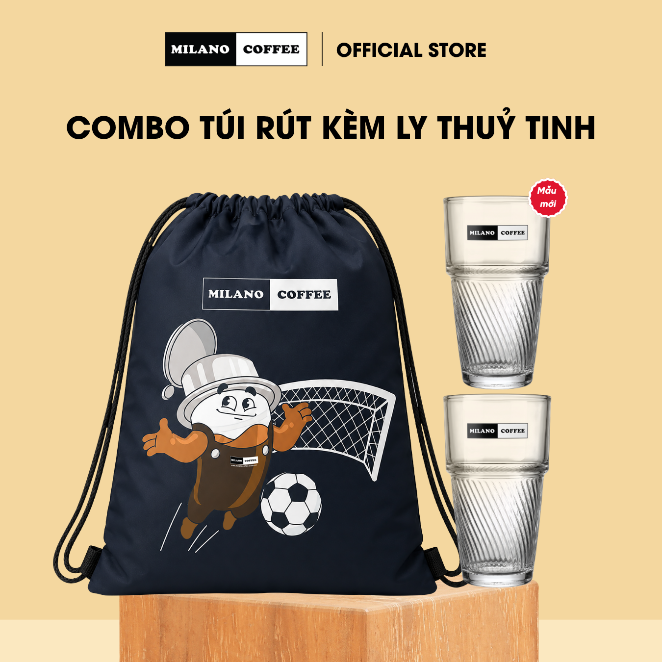 [Hàng tặng không bán] Combo 01 ba lô túi rút thể thao + 02 ly thuỷ tinh Milano Coffee