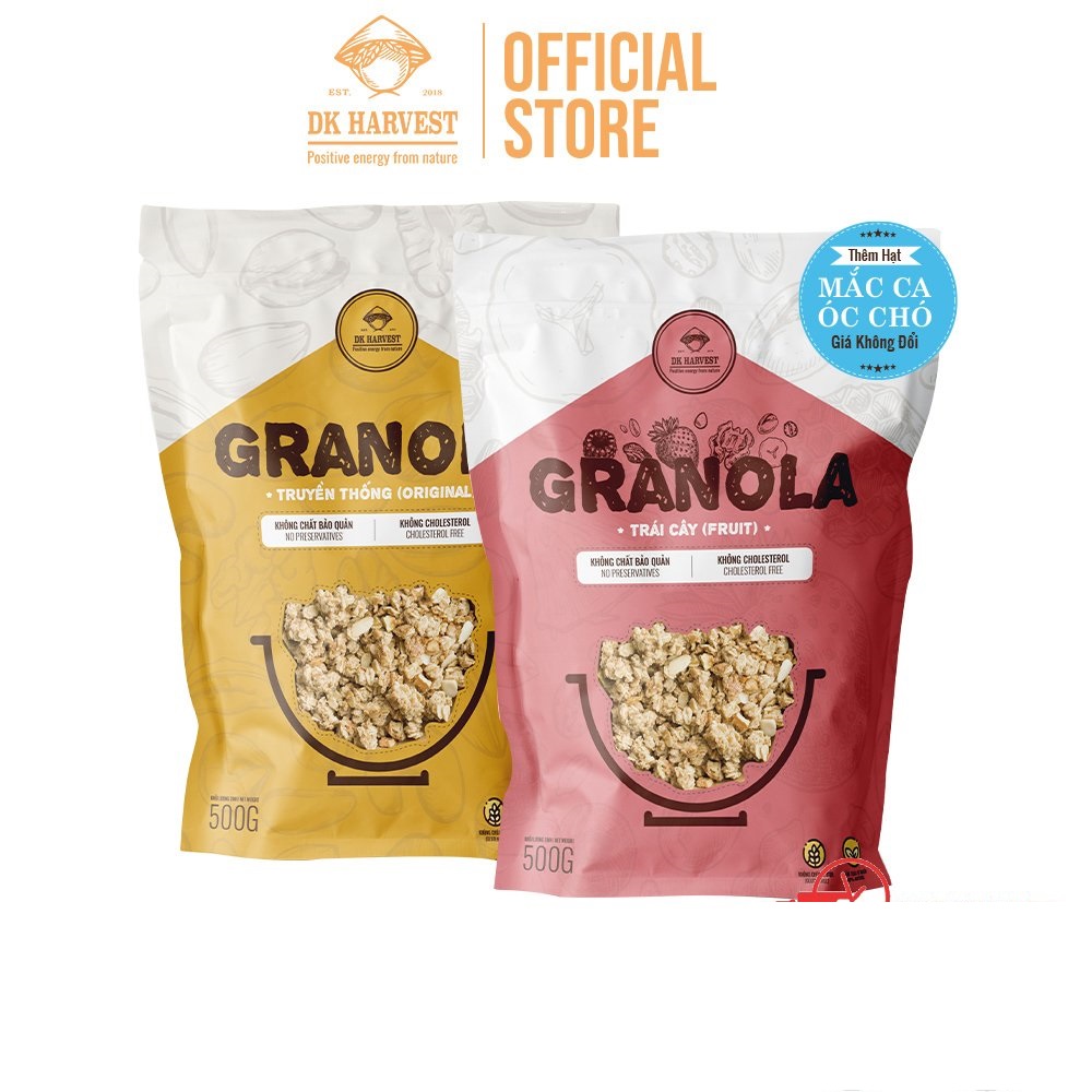 [Thêm Macca+ Óc Chó] Hạt Granola Dinh Dưỡng Nướng Mật Ong DK Harvest - Ngũ Cốc Giảm Cân Không Đường - Trọng lượng 250g/500g - 7 loại hạt (yến mạch, hạnh nhân, hạt điều, hạt bí, nho khô, hạt óc chó, macca))