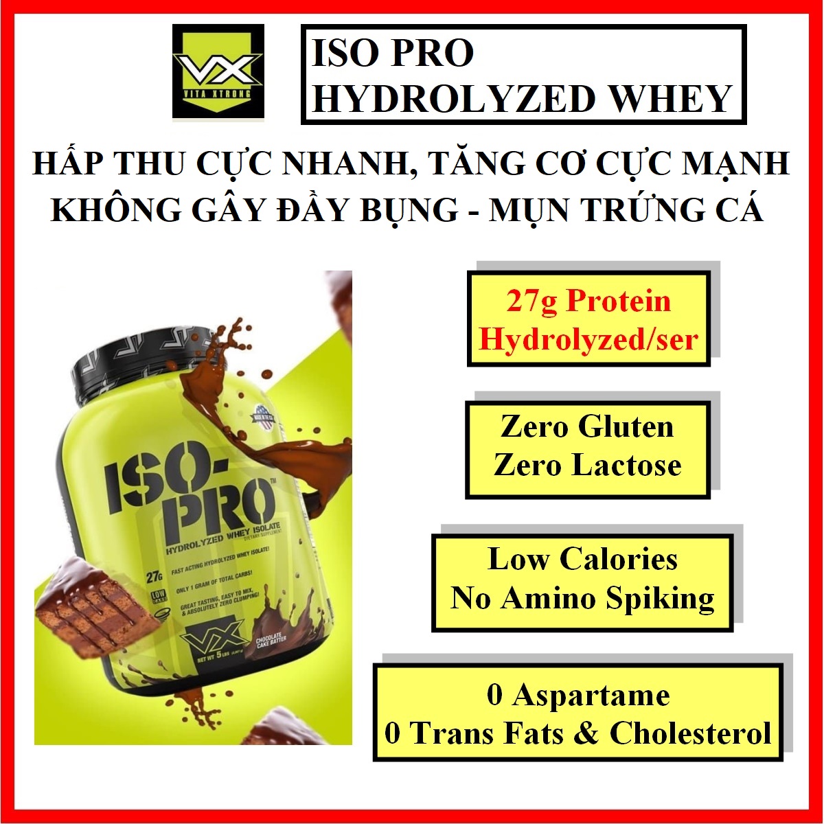 Vitaxtrong Iso Pro 5Lbs 2,3kg Chính hãng - Hydrolyzed Whey, hấp thu cực nhanh, Tăng Cơ cực mạnh, siêu tinh khiết, Zero Lactose,  Zero Cholesterol
