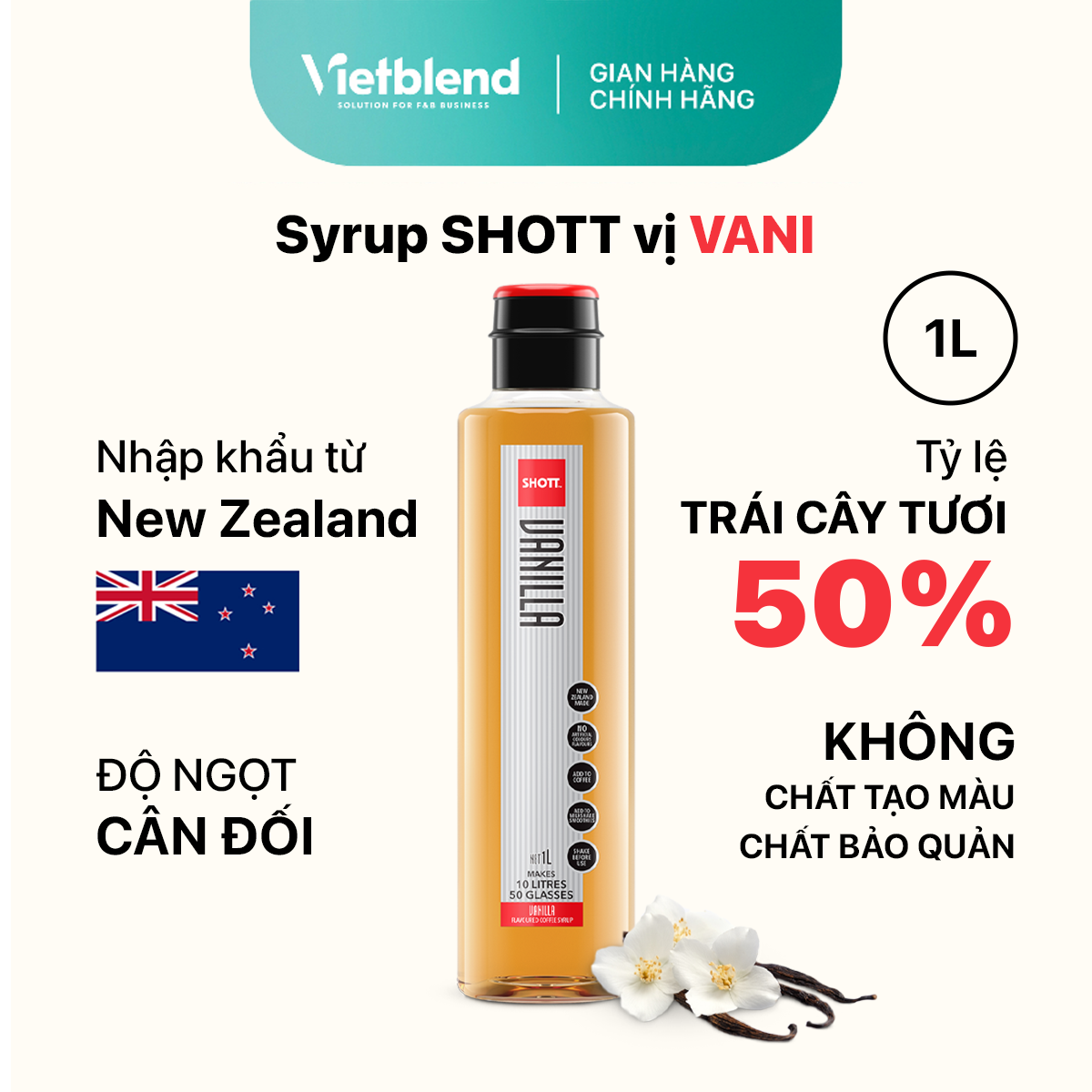 Syrup pha chế shott - vị vani - chai 1l