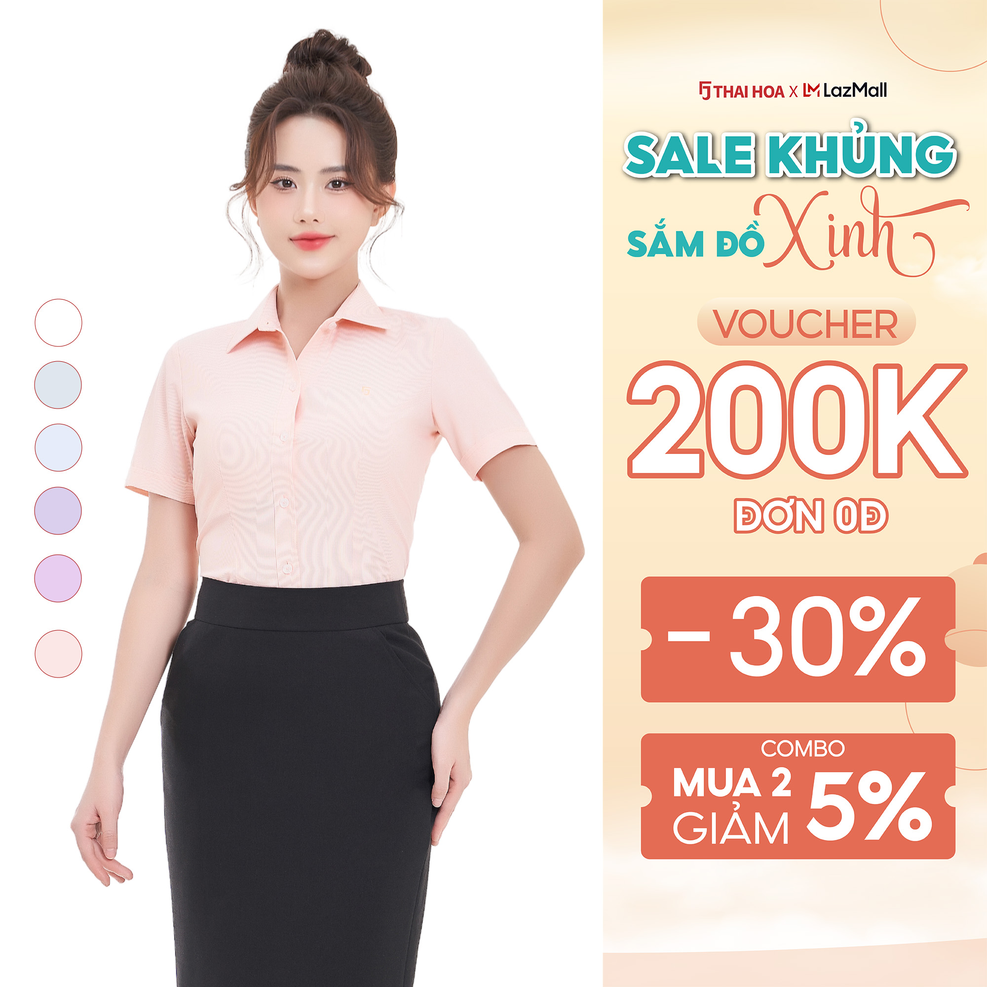 Áo sơ mi nữ Thái Hòa kẻ sọc thiết kế công sở ngắn tay nhiều màu ASW0301-R04
