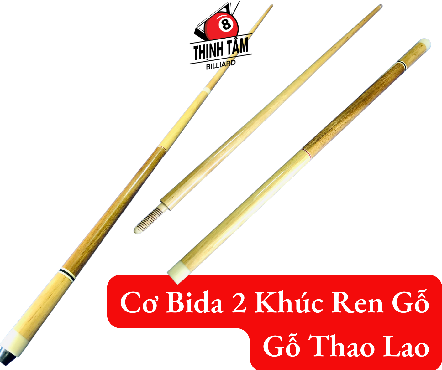 Cơ bida 2 khúc gỗ thao lao, gậy bida líp cao cấp