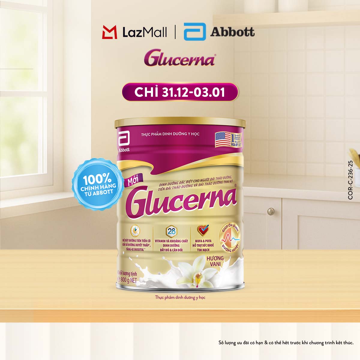 CHỈ 31.12 - 03.01 GIÁ TỐT MUA NGAY-SLCH Sữa bột Glucerna hương vani 800g