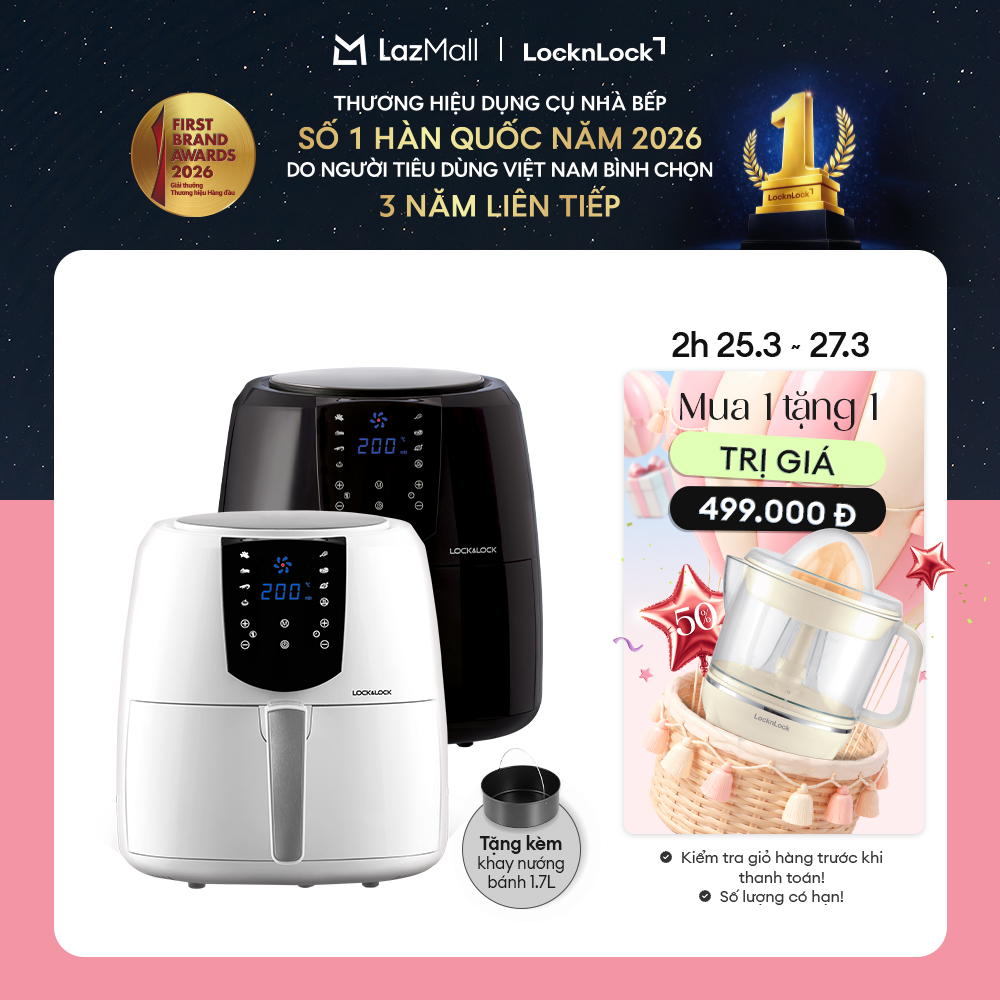 Ejf357 - nồi chiên không dầu lock&lock 5.2l - cảm ứng, 7 chế độ nấu, tỏa nhiệt đối lưu, tặng khay bánh - chính hãng - bảo hành 2 năm