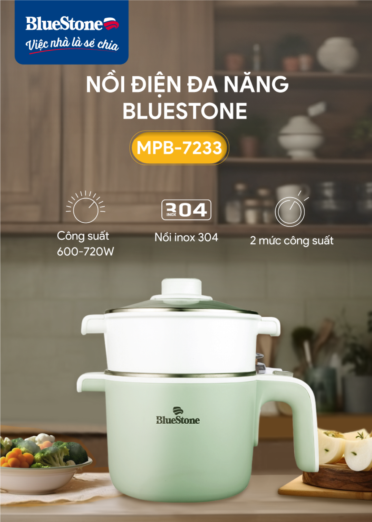 Nồi Điện Đa Năng BlueStone MPB-7233 - (600-720W) - Thiết kế nhỏ gọn tối ưu có thể mang đi du lịch, ăn trưa văn phòng - Tự động ngắt điện - Bảo hành 2 năm - Hàng chính hãng
