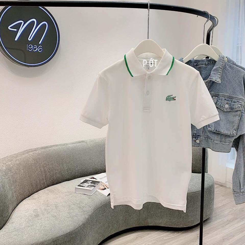 Áo polo nữ trắng cổ viền xanh logo thêu cá sấu
