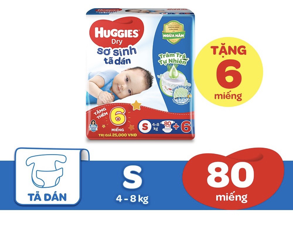 FREESHIP [Tặng 1 gói khăn ướt Huggies] Tã dán Huggies tràm trà tự nhiên size S80 cộng 6 miếng