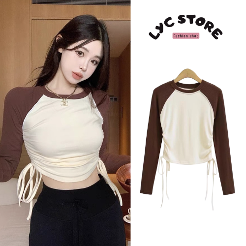 Áo croptop rút eo tay dài cổ tròn chất thun tăm co dãn thoải mái, áo thun croptop nữ rút eo