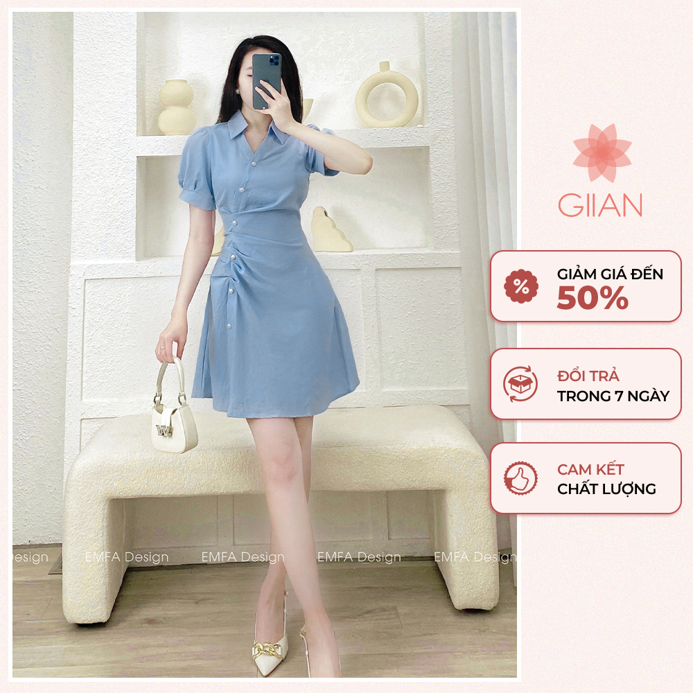 Váy sơ mi nhún eo tay bồng thiết kế giian, đầm nữ vải đũi vintage - va0129