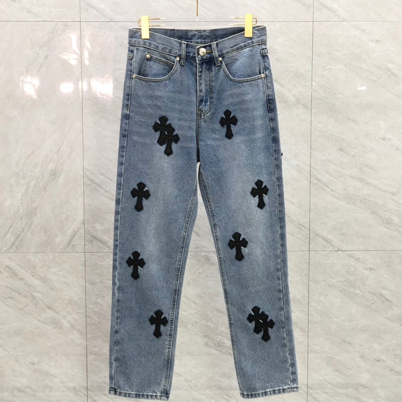 High Quality Chrome Heart 2023 autumn and winter CH black leather label jeans men's loose cross pants men