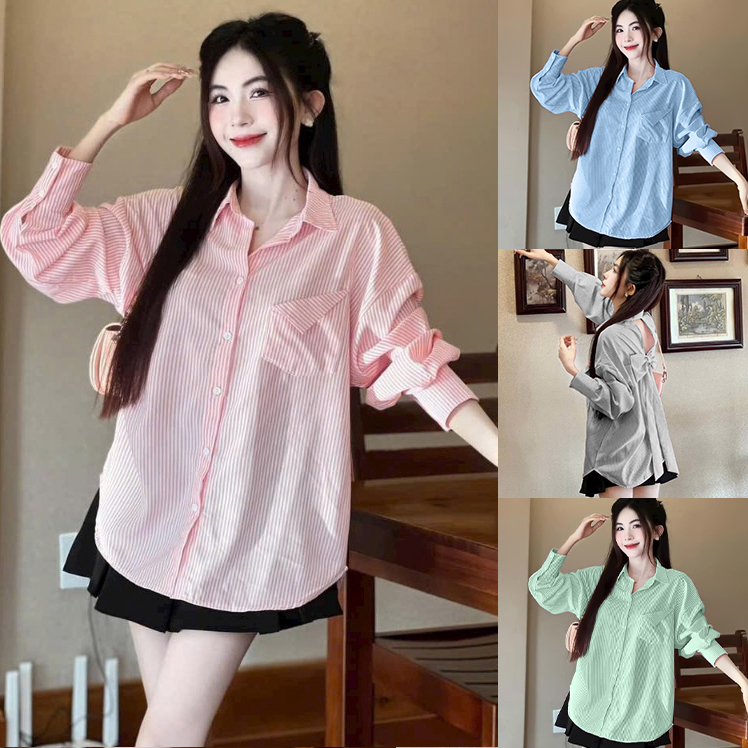 BIGSIZE Women's Striped Long-Sleeve Shirt with Back Bow Tie – Cute & Premium Loose Fit for Sizes 50-95kg