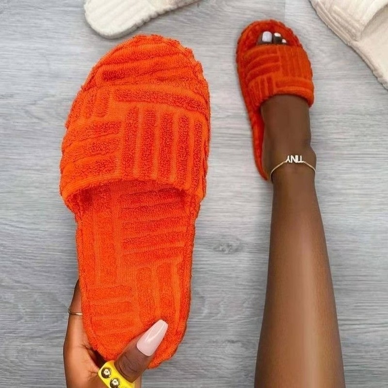 Luxury Brand Peep Toe Thick Sole Women Slippers Green Corduroy Flat Outwear Ladies Slides Summer Autumn Runway Flip Flops Women