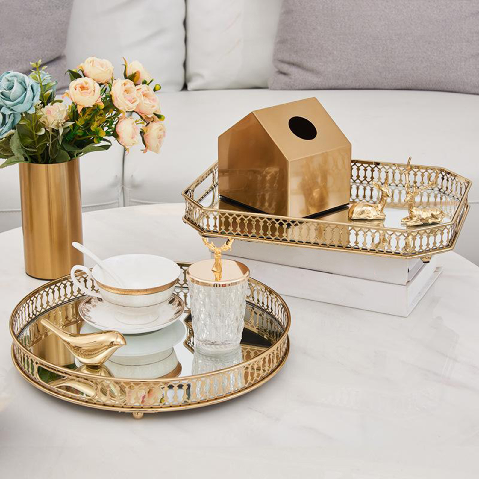 Khay pha lê tráng gương viền mạ vàng đựng mỹ phẩm decor trang trí