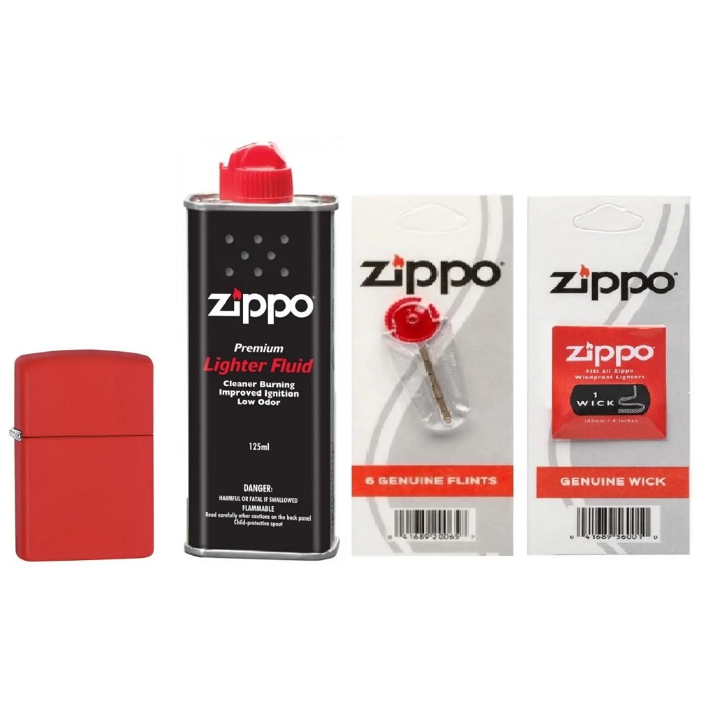Bộ 4 sản phẩm: bật lửa zipp matte red 233+xăng+đá+bấc