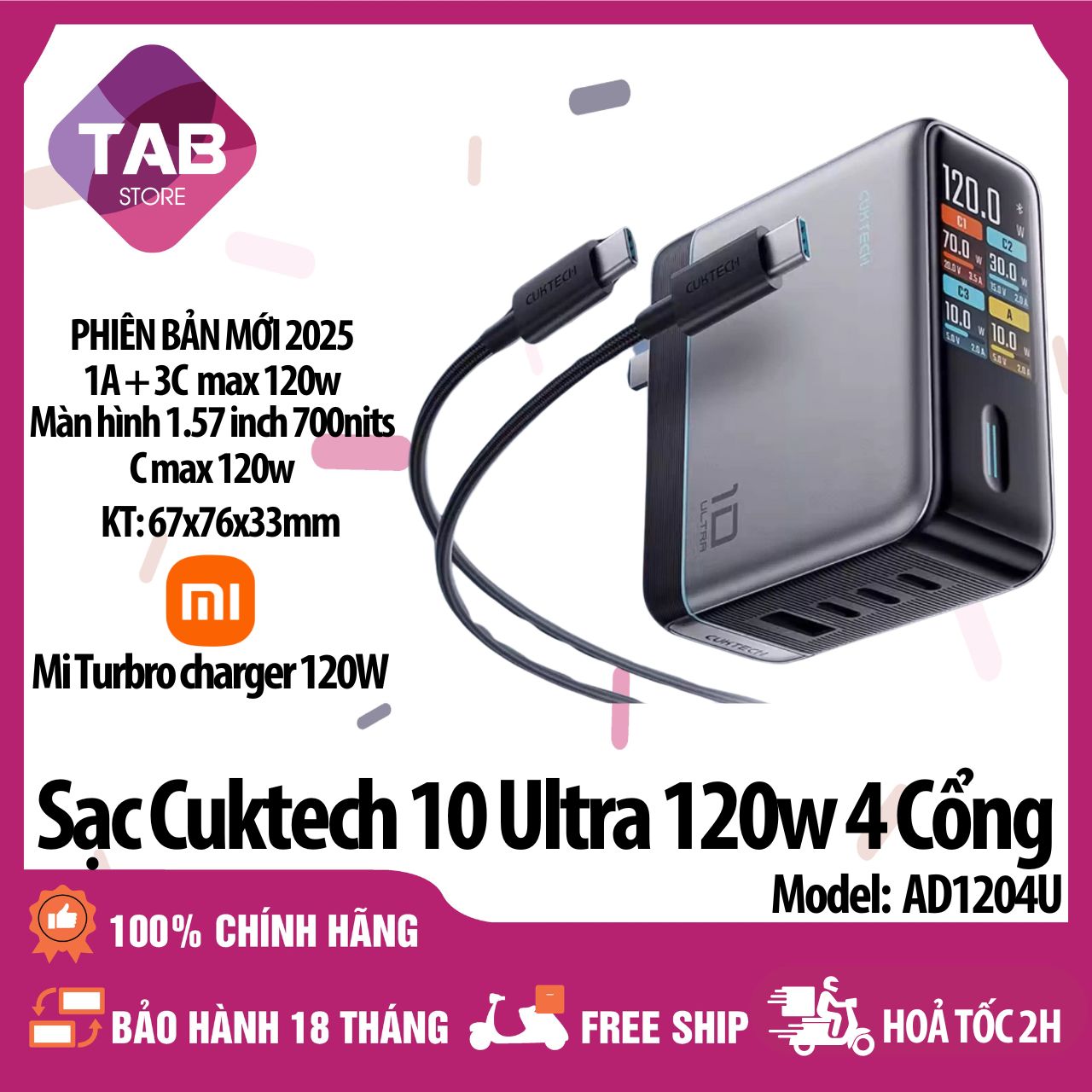 Sạc Cuktech 10 Ultra 120w 4 Cổng (3C+1A) Mi turbro 120W Có Màn Hình PD3.0/PPS2.0/QC AD1204U -Bảo Hành 18 Tháng