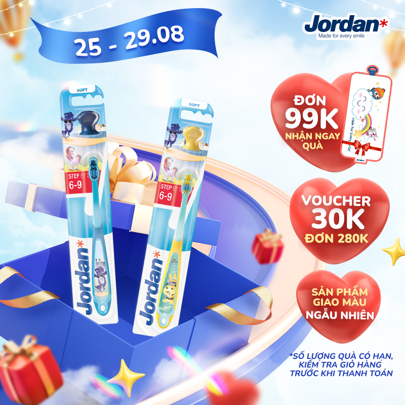 Bàn chải đánh răng cho trẻ em 6-9 tuổi Jordan Step 3, Lông mềm