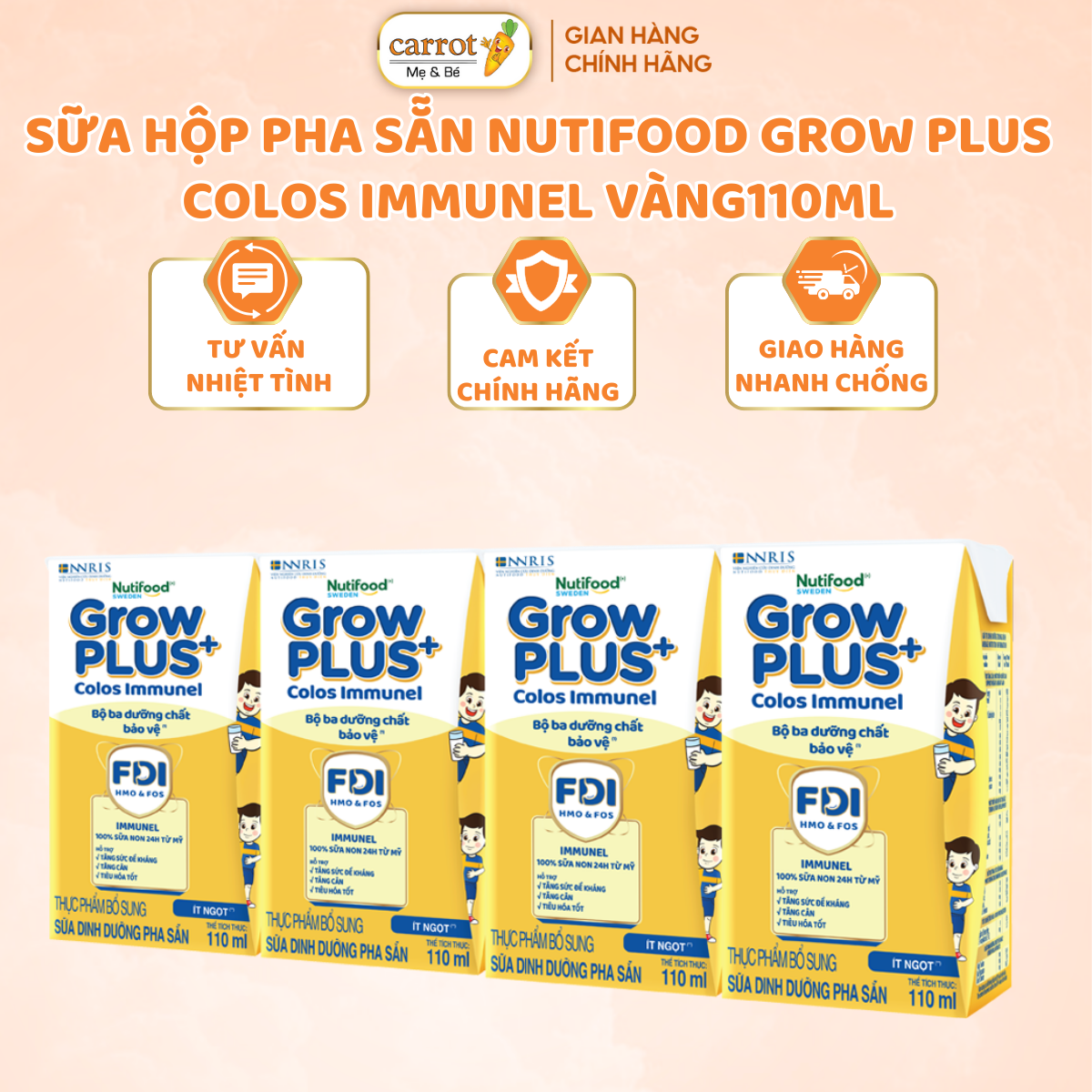 Sữa Hộp Pha Sẵn Nutifood Grow Plus Colos Immunel Vàng 110ML Cho Bé Từ 1 Tuổi