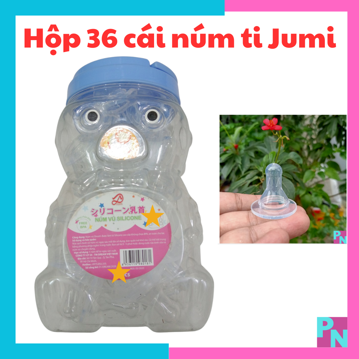 Combo hộp 36 cái núm vú Jumi, núm ti sử dụng cho bình sữa cổ hẹp Jumi Mirai Cacara núm vú siêu mềm chống đầy hơi
