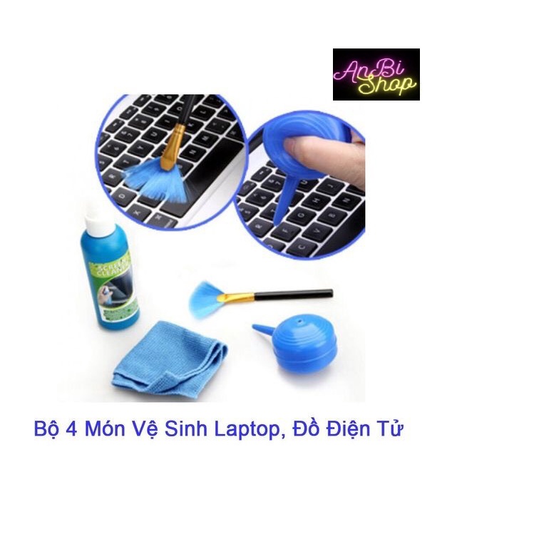 Bộ vệ sinh máy tính 4 món gồm dung dịch làm sạch, chổi quét bụi và khăn lau bụi sử dụng cho màn hình máy tính, tivi LCD,