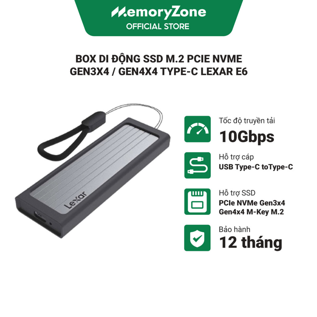 Box di động SSD M.2 PCIe NVMe Gen3x4 / Gen4x4 Type-C Lexar E6 LPAE06N-RNBNG