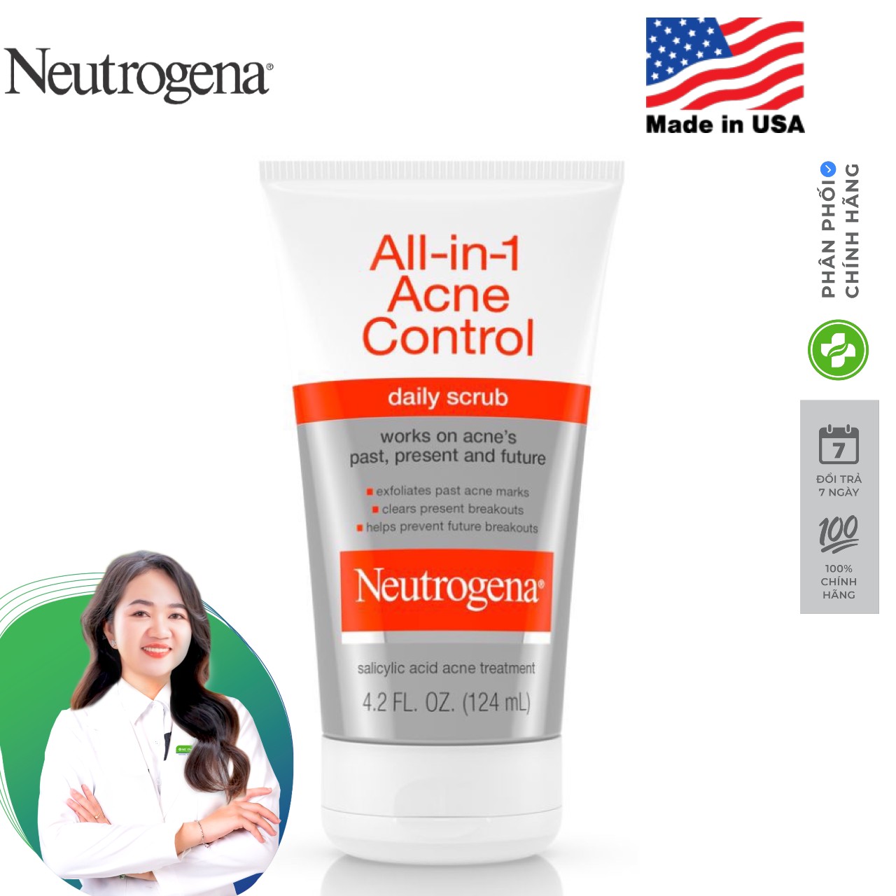 Sữa rửa mặt ngăn ngừa và giảm mụn Neutrogena All-in-1 Acne Control Daily Scrub 125ml