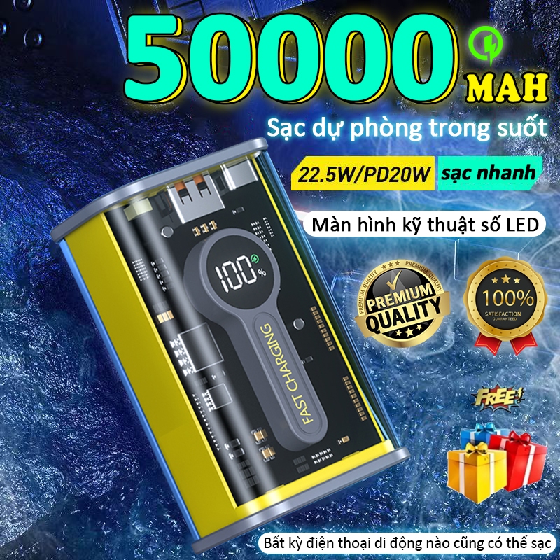 sạc dự phòng trong suốt 50000mah Sạc siêu nhanh 22.5W Màn hình kỹ thuật số LED cục sạc dựng phòng mi