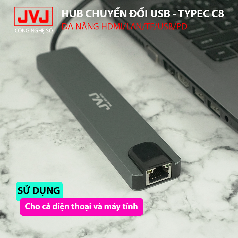 Bộ chuyển đổi đầu đọc đa năng USB Type-C C8 JVJ 4K HDMI USB 3.0 cho laptop/macbook chuyển đổi type C sang Cổng USB 3.0/HDMI/TF/SD/PD/LAN