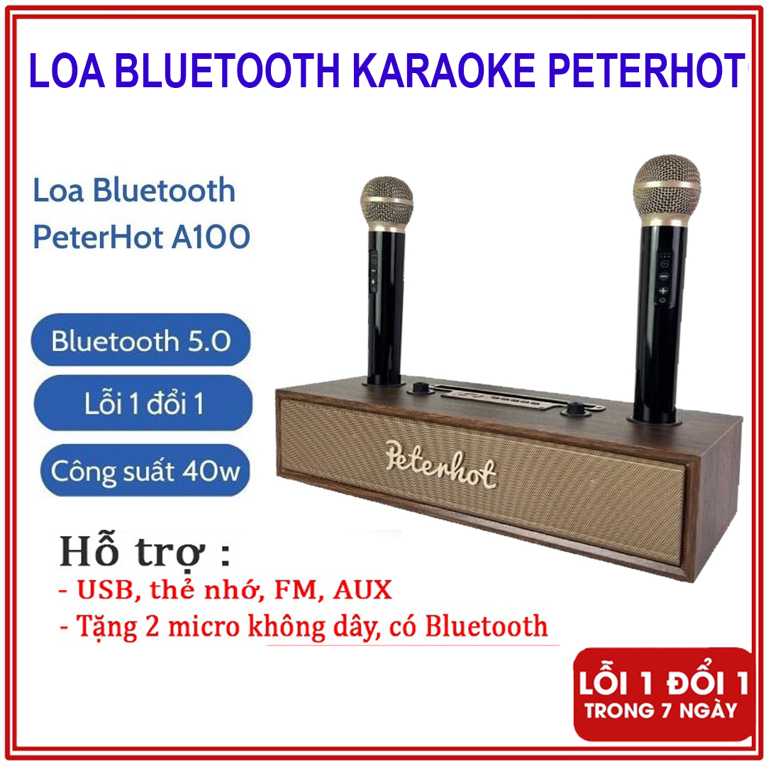[BH 12 THÁNG] Loa bluetooth, Loa Bluetooth Karaoke Không Dây  PeterHot A100, Hàng Chính HãngTặng Kèm 2 Mic Sạc Pin Siêu Xịn, Loa Vỏ Gỗ Sang Trọng, Bluetooth 5.2, Âm Thanh Siêu Đỉnh, Loa Hát Karaoke, Loa bluetooth mini, Loa Kẹo Kéo