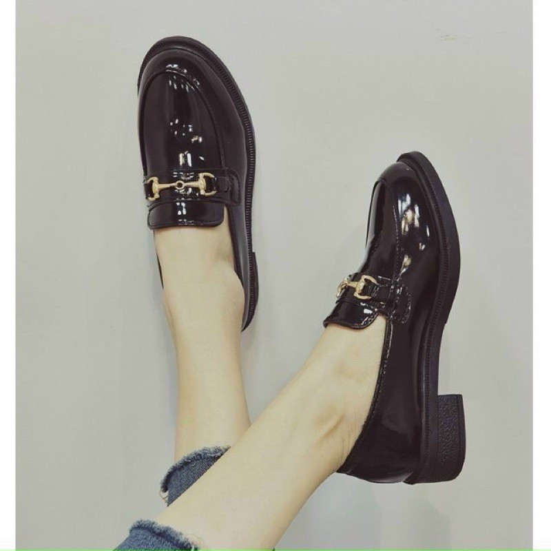 Giày lười Đốc nữ xích ngang da bóng hàng đẹp Mixteen Store