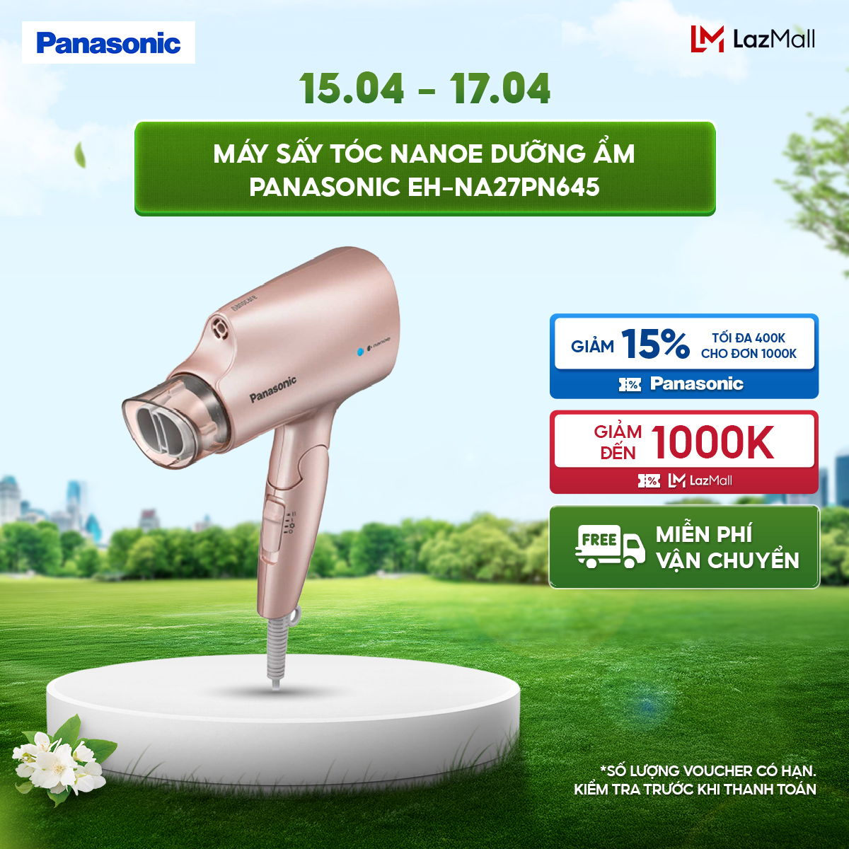 Máy sấy tóc Nanoe dưỡng ẩm, chăm sóc tóc và da đầu Panasonic EH-NA27PN645 – Thiết kế thời trang - Tay cầm gập gọn, dễ dàng mang theo - Công Suất 1200W - Hàng Chính Hãng - Bảo hành 1