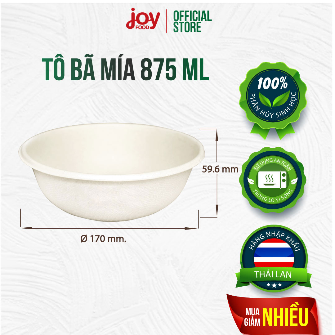 50 tô/ bát dùng 1 lần từ bã mía Gracz (Thái Lan) 875ml đựng bún, miến, cháo, phở mang đi, phân hủy sinh học