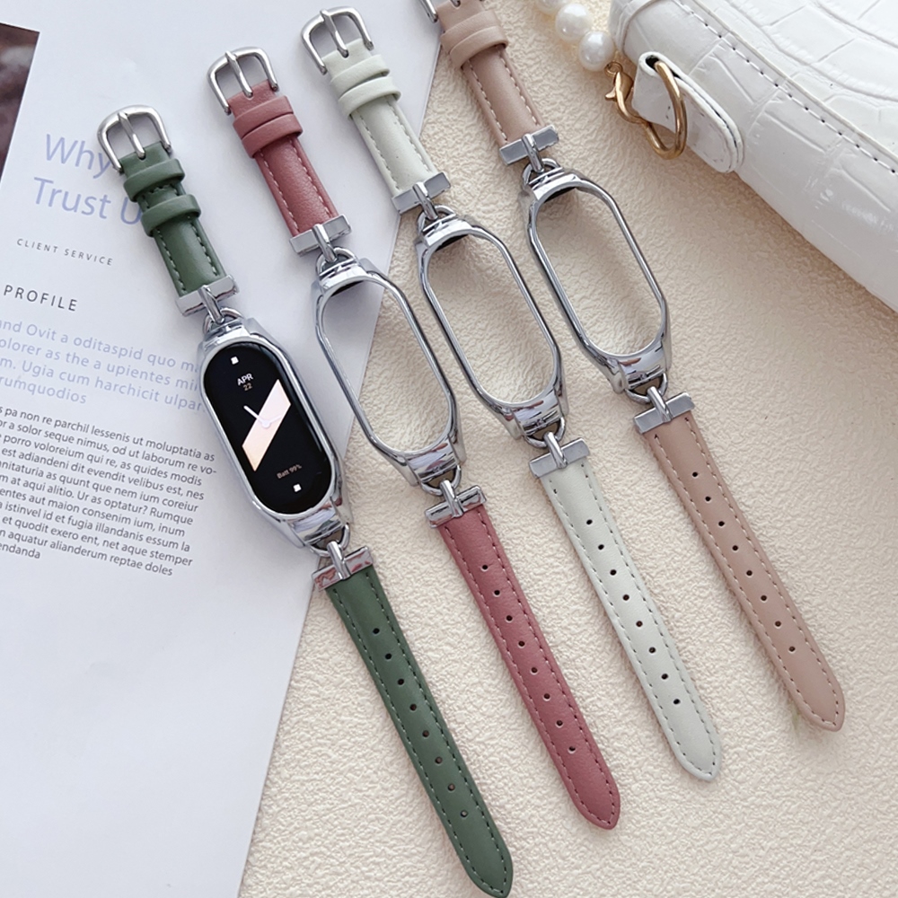 Strap for Xiaomi Mi Band 7 8 6 5 4 3 Leather Bracelet On Mi band 8 Correa MiBand 7 Women WatchBand Metal Steel Frame Wristband