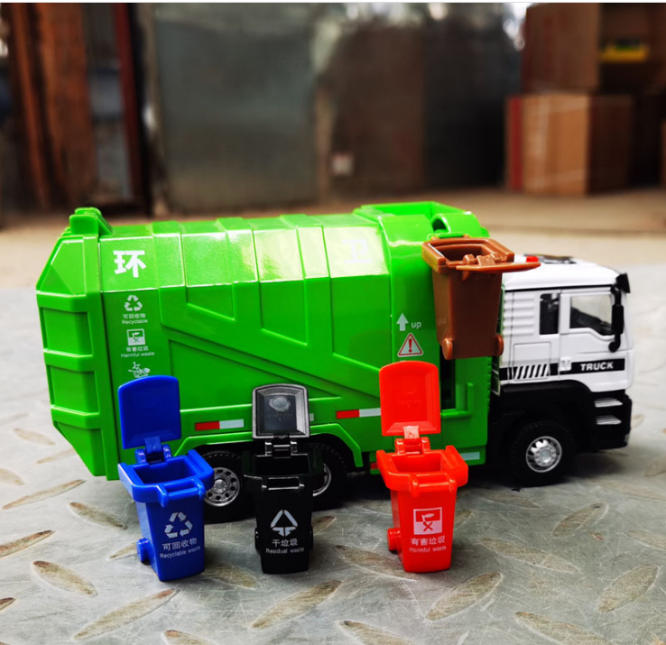Mô hình xe rác kim loại kèm 4 thùng rác Đồ chơi xe rác cho bé