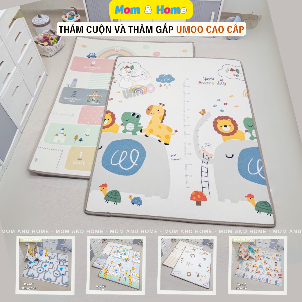 Thảm Gấp, Thảm Cuộn UMOO cao cấp chất liệu XPE phủ Silicone an toàn cho bé, dùng 2 mặt, nhiều kích thước - Mom & Home