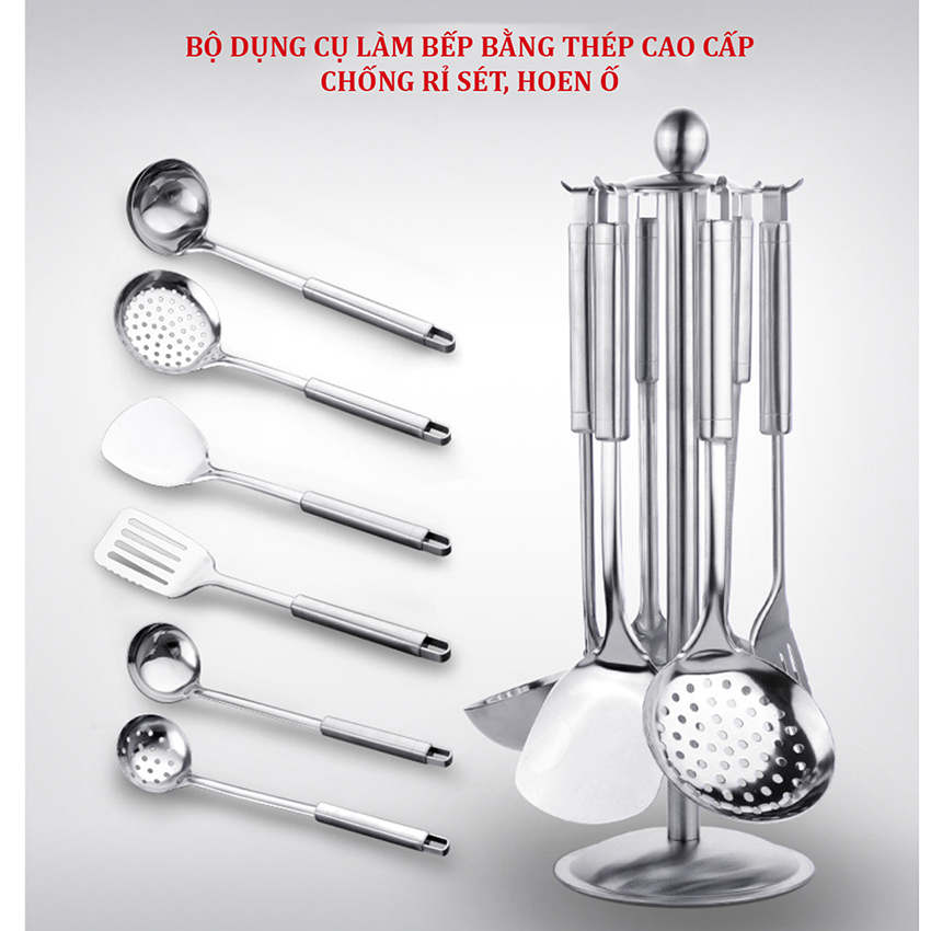 Bộ dụng cụ làm bếp SSGP 6 món và giá treo - vá - muỗng thủng - muôi múc canh - xẻng lật thức ăn - Thép trắng cao cấp