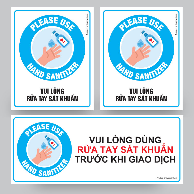 Biển Nhắc Nhở Rửa Tay Sát Khuẩn Trước Khi Giao Dịch, Pleas use hand sanitizer - Decal dán tường, dán kính - Tem Decal cảnh báo - sticker trang trí