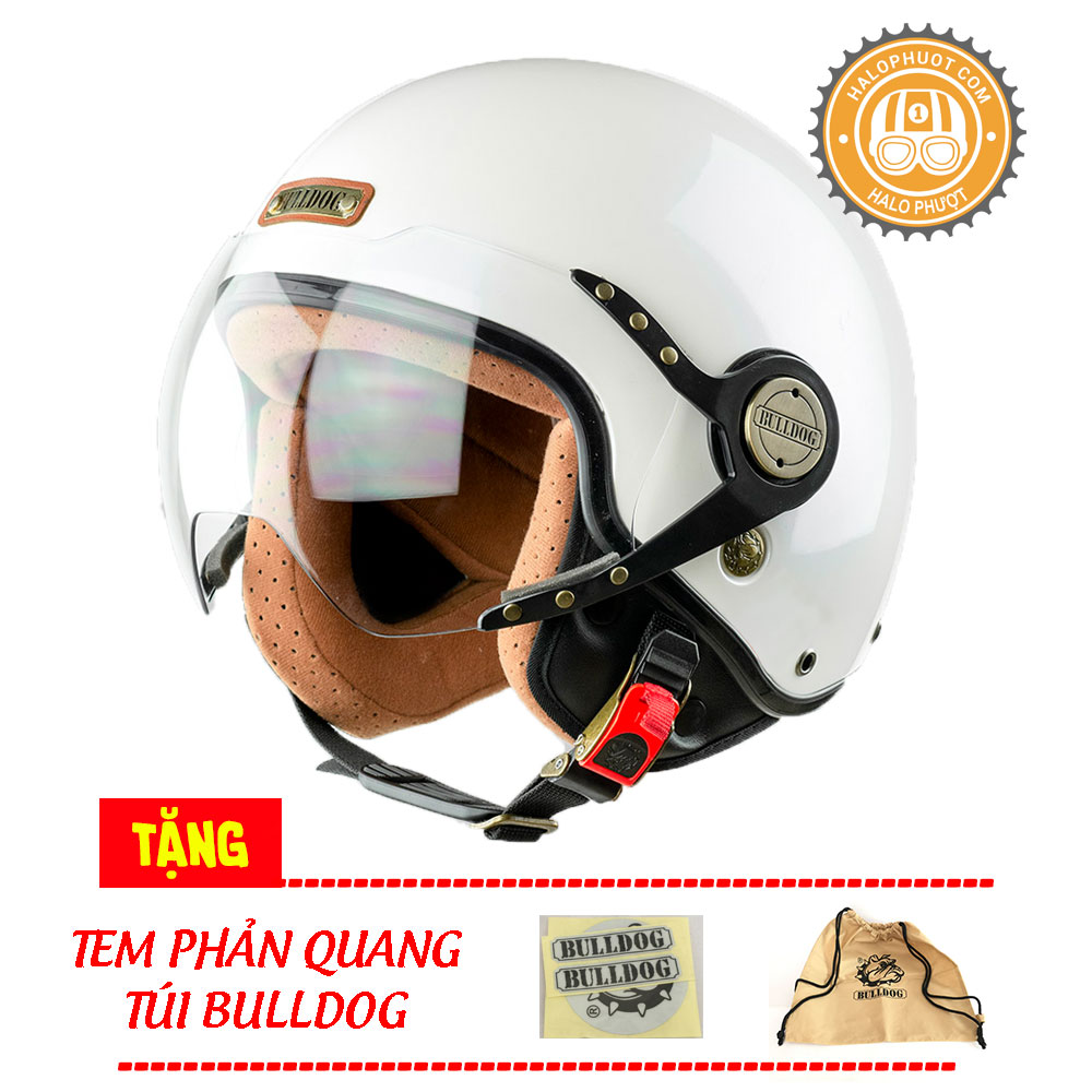 Nón bảo hiểm 3/4 Bulldog POM Trắng (tặng túi vải, tem phản quang)