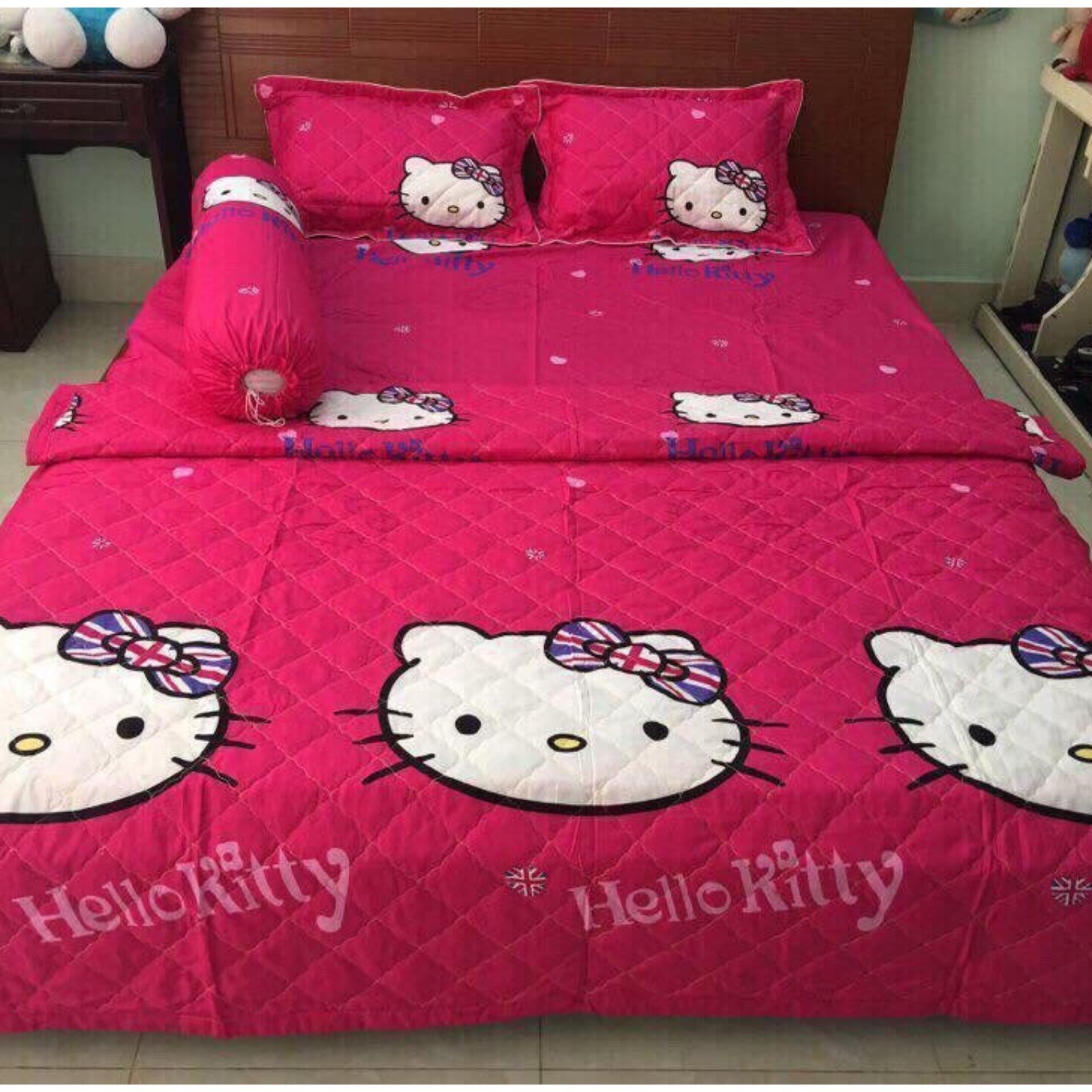Bộ chăn ga gối trần bông mèo kitty + tặng vỏ ôm