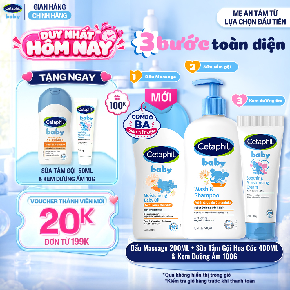 Combo Sữa tắm gội CETAPHIL BABY CALENDULA 400ML  Dầu massage dưỡng ẩm Baby Oil 200ml  Kem dưỡng ẩm Moisturising tuýp 100g