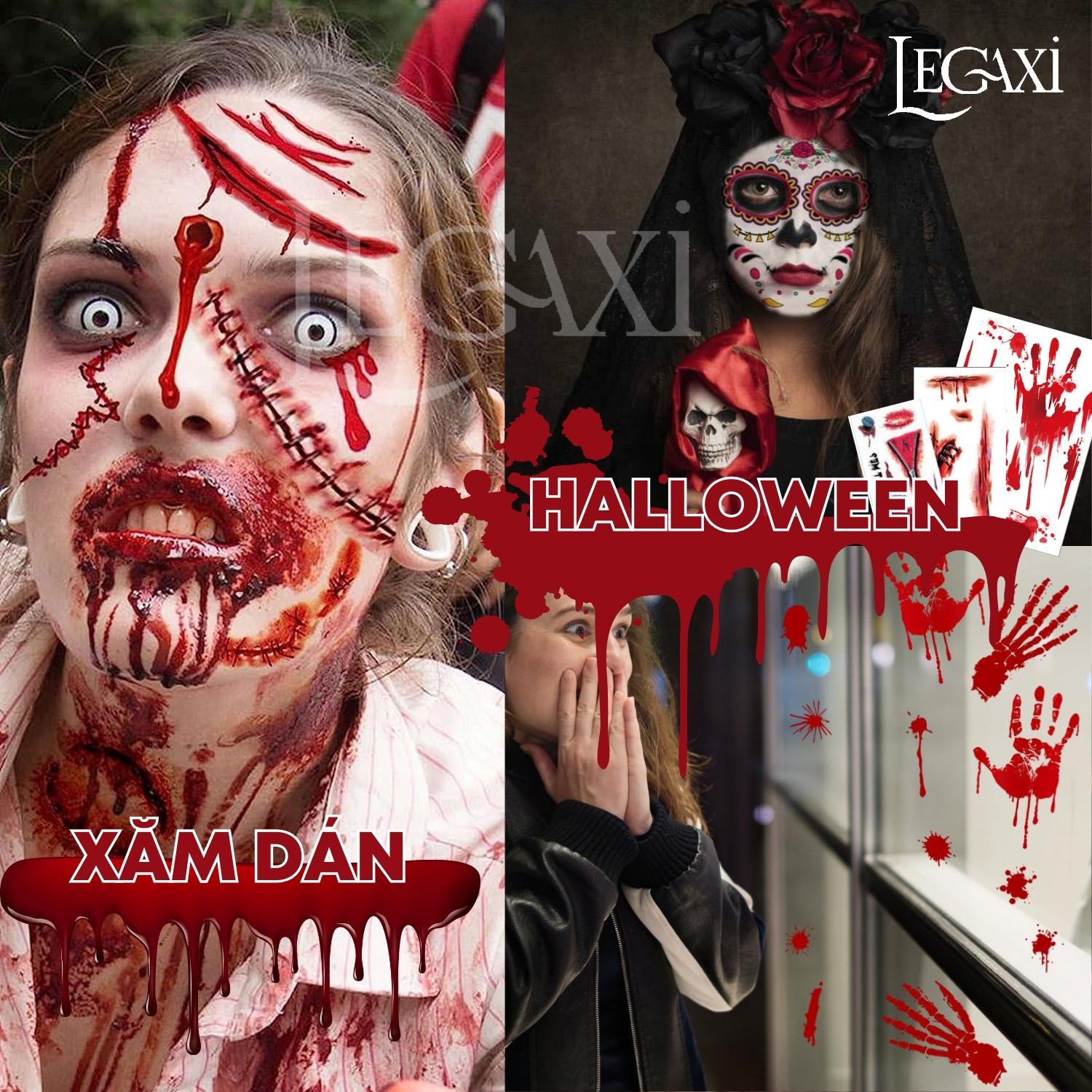 [HALLOWEEN] Hình xăm giả kinh dị hóa trang phát sáng hoa hồng đầu lâu nhện vết sẹo vết khâu chảy máu tròng mắt Legaxi