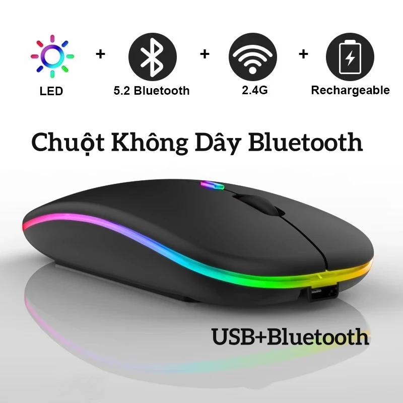 Chuột Không Dây Bluetooth Cò Đèn Led Có Pin 2.4GHz USB RGB,Chuột Máy Tính/Gaming Cho PC/Laptop/Máy Tính/Điện Thoại Click Tiếng Ồn