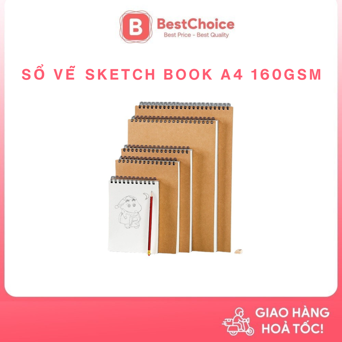 Sổ vẽ kí họa sketch book a4 160gsm 50 tờ, sổ vẽ lò xo đỉnh, vân mịn