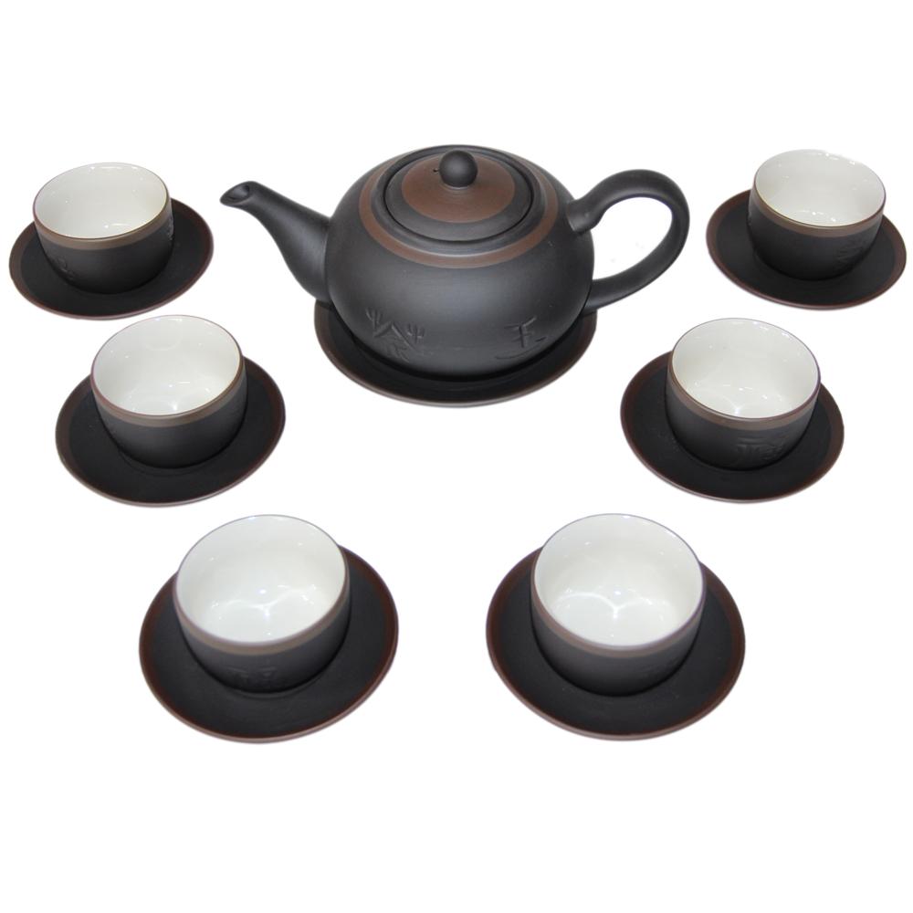 Bộ ấm chén gốm Bát Tràng phúc lộc thọ- men đen - chỉ bạc - lòng trắng