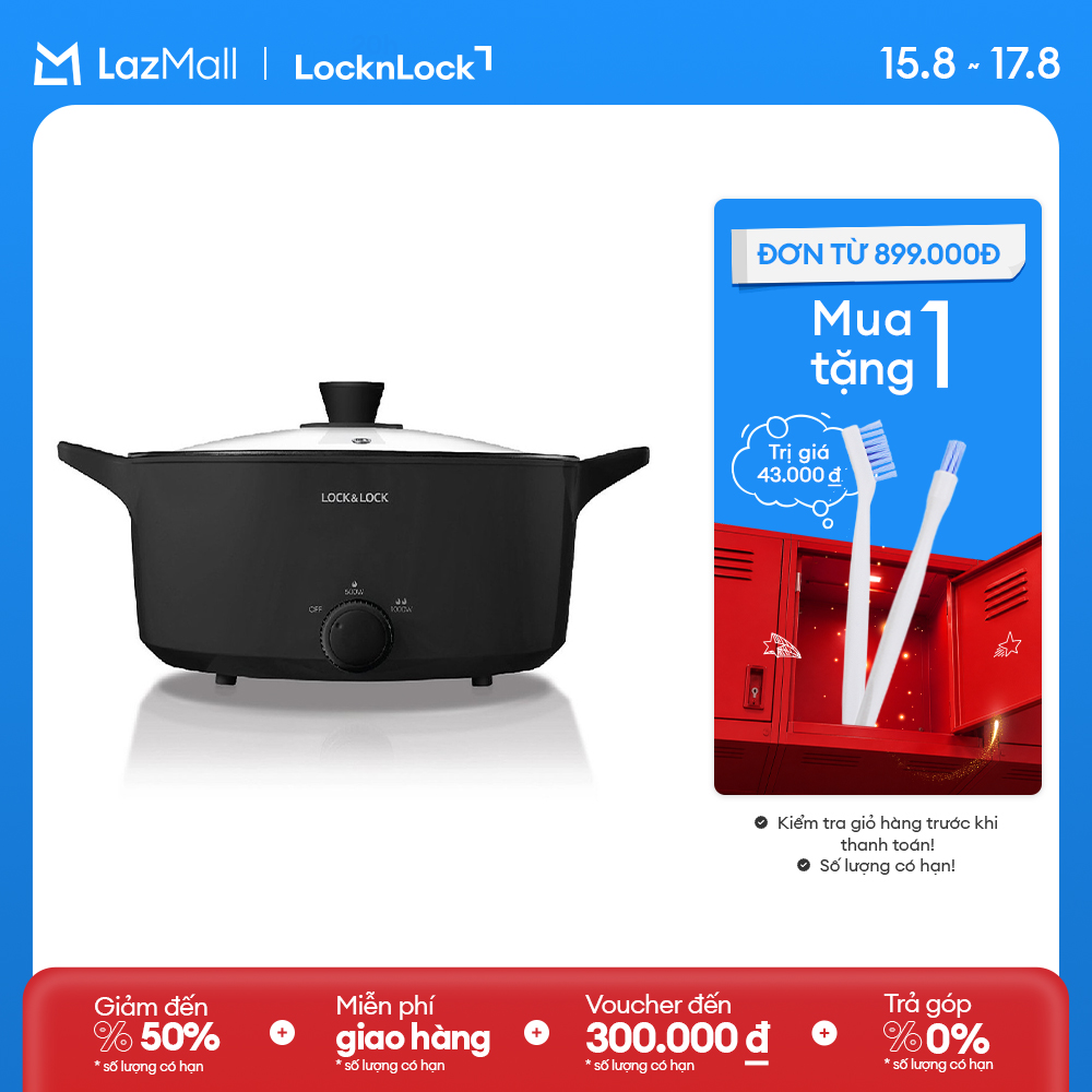 Nồi lẩu điện đa năng LockLock Versatile Hot Pot 4L Màu đen EJP546BLK chống dính, Dung tích lớn, kèm nắp thủy tinh